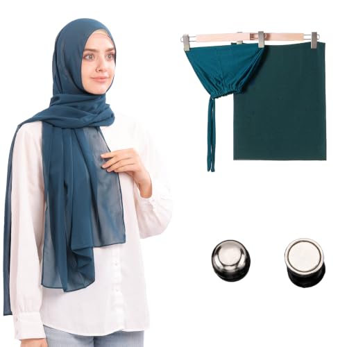 Jonglroy Muslim Chiffon Hijab magnets Head Scarf with Matching Tie Back Jersey Undercap - color: Dark Cyan