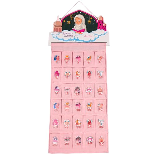 IEF Personalized Fabric Canvas Ramadan Advent Calendar Countdown Days of Ramadan Till Eid Ramadan Kareem Eid Mubarak Home Décor for Girls and Boys (Wall Decor, Pink) - color: Pink