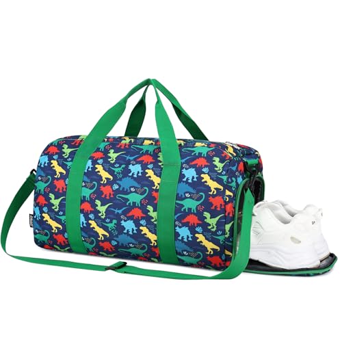 RAVUO Water Resistant Kids Duffel Bag - Overnight Sports Weekender Gym Carry-On Tote Travel Shoulder Bag for Boys with Shoe Compartment and Wet Pocket - color: Dinosaur