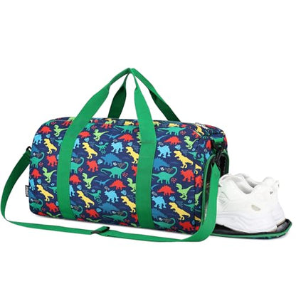 RAVUO Water Resistant Kids Duffel Bag - Overnight Sports Weekender Gym Carry-On Tote Travel Shoulder Bag for Boys with Shoe Compartment and Wet Pocket - color: Dinosaur