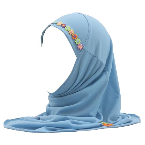 Girls Instant Hijab – Soft Kids Muslim Scarf with Flower, Breathable One-Piece Headscarf for Toddlers Age 2-8 - color: Small Flower-sky Blue