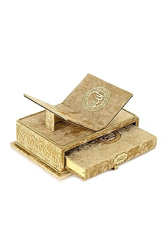 ihvan online, The Holy Arabic Quran Gift Set, Book Stand Holder, Desktop Quran Holder, Rehal, Velvet Covered Chest Rihal, Decorative Islamic Gifts for Muslims, Gold - color: Gold