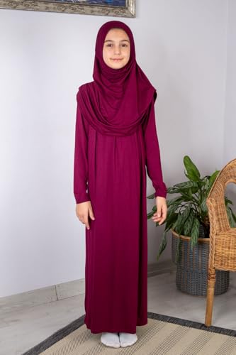 ihvan online Muslim Dress for Girls, Long Sleeve One-Piece Islamic Prayer Dress, Hijab for Kids, Girls Abaya, Islamic Gifts - color: Red