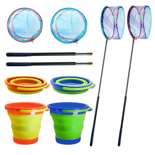 2PCS Kids Fishing Nets with Bucket - Telescoping Handle Retractable Landing Net Lightweight Aluminum Pole for Catch and Release Frog, Minnow, Butterfly, Crab, Beach and Creek Outdoor - color: 2PCS