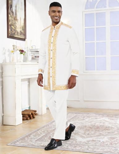 Mens African 2 Piece Set Nigerian Dashiki Metallic Traditional Suit Gold Stamp Printed Shirt and Pants Outfit - color: White, size: Small
