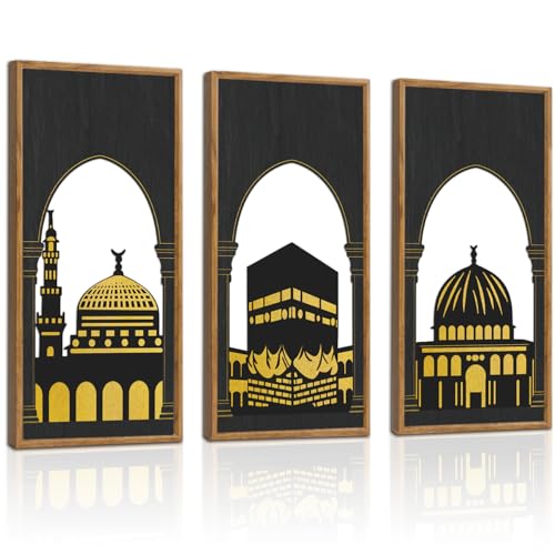 KAIRNE Eid al-Fitr Wooden Wall Art,3pcs 8”X16” Islamic Festival Decorations,Muslim Home Hanging Decor,Framed Mosque Wall Sculptures,Eid Ramadan Kareem Decoration,Rustic Religious Artwork Gift for Friend Family Living Room Bedroom Decor - color: colorful,
