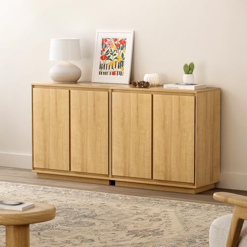 Buffet Storage Cabinet Set of 2, Accent Sideboard Cabinet with Adjustable Shelves and Handless Design, Credenza Console Table for Living Room, Natural Oak - color: Natural Oak, size: 2 PCS