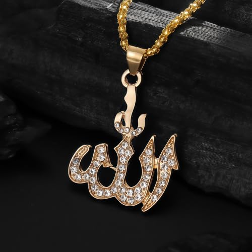 Allah Necklace for Men, Gold Muslim Pendant 22 inch Chain Gift - color: gold plated