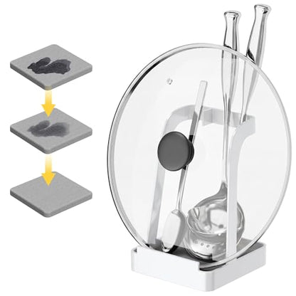 NiHome Pot Lid & Spoon Rest, Diatomite Tray Ladle Holder, Stove Top, White | Quick-Absorb Diatomite Base & Anti-Slip Silicone Pad Keep Counters Dry While Holding Lids & Utensils Upright - color: Medium White, size: with diatomite