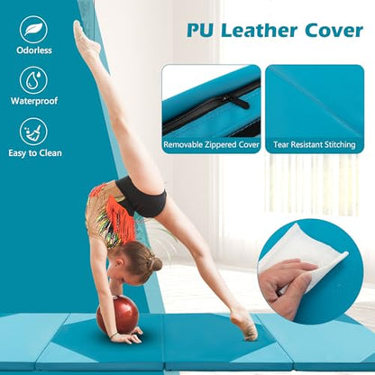 Goplus Folding Gymnastics Mat, 10’ x 4’ x 2’’ Thick Tumbling Mats with PU Leather, Hook & Loop Fasteners, Portable Handles, 4-Panel Exercise Mat for Home Gym Workouts, Yoga - color: Baby Blue+Blue