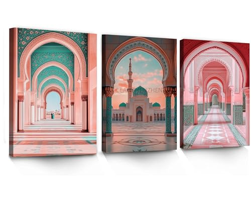 LANZHENZHENART 3Pcs Mosque Entrance Wall Art Islamic Picture Canvas Painting Prints For Home Dining Room Living Room Wall Decor Poster Artwork(16" x 24" x 3 Panels Framed) - color: White 3, size: (16" x 24" x 3 Panels Framed)