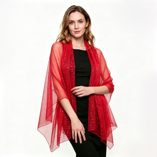 Sequin Scarf for Women Lightweight Mesh Shawl Wrap Bandana Hijab Headscarf for Summer Evening Dress - color: Brightred