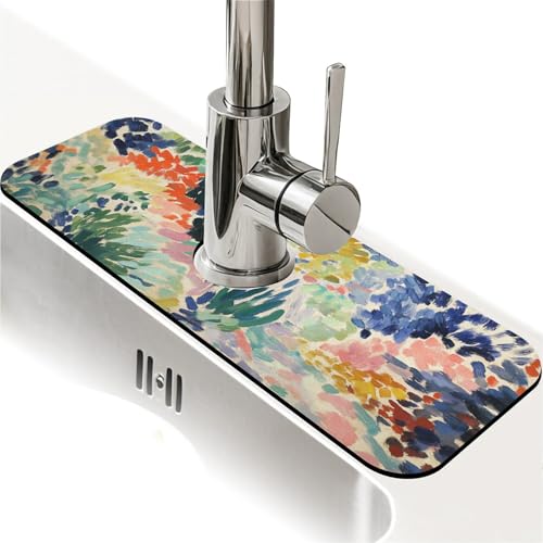 Kitchen Sink Splash Guard，Enchanting garden-1 Faucet Mat Sink Gadgets-Super Absorbent Fast Drying Mat Drip Catcher for Kitchen, Bathroom,Sink Mat, Dish Drying Mat, Bathroom(15" X 5.5" ) - color: Enchanting garden-1