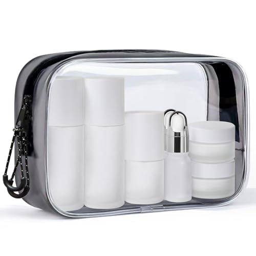Glass Travel Bottles for Toiletries,TSA Approved，Leak Proof Refillable Travel Size Containers with Pump Spray Dropper Jars for Skincare Lotion Cream or Shampoo - color: Frosted Glass Bottle with White Lid