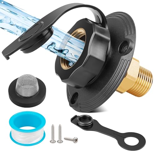 RV City Water Inlet with Check Valve, Lead-free Brass RV Fresh Water Inlet 3/4 NH Female to 1/2 NPT Male Connection, Water Fill Inlet Flange Replacement for Camper Trailer Motorhome Marine