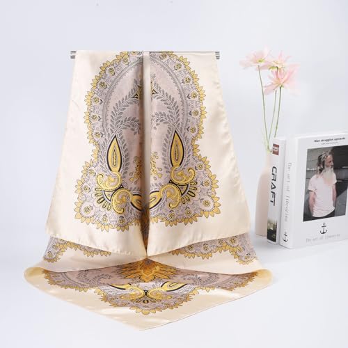 AWAYTR 35” Large Satin Square Head Scarf - 2Pcs Silk Like Floral Head Scarves Square Satin Hair Scarf Bandanas for Women - color: Paisley(green/Apricot)
