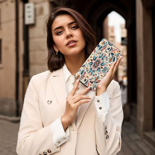 Scandinavian Folk Art PU Leather Long Wallet for Women Men, Zipper Clutch Wallet RFID Card Holder Organizer - color: Scandinavian Folk Art