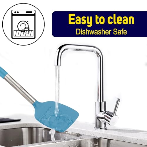 HOTEC Silicone Spatula Set of 2 Heat-Resistant 600°F & BPA-Free Kitchen SaptulaTurner with Stainless Steel Handles, Slotted & Solid Spatulas for Nonstick Cookware, 13.7 Inch, Blue - color: Blue