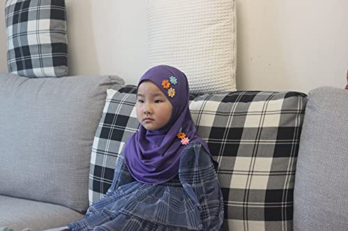 Girls Instant Hijab – Soft Kids Muslim Scarf with Flower, Breathable One-Piece Headscarf for Toddlers Age 2-8 - color: Purple