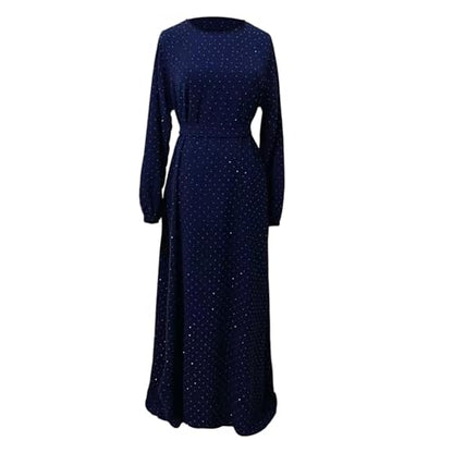Muslim Dresses for Women Maxi Dress with Belt Long Sleeve Crew Neck Dress Long Casual Church Dress Prayer Clothes - color: Navy, size: XX-Large