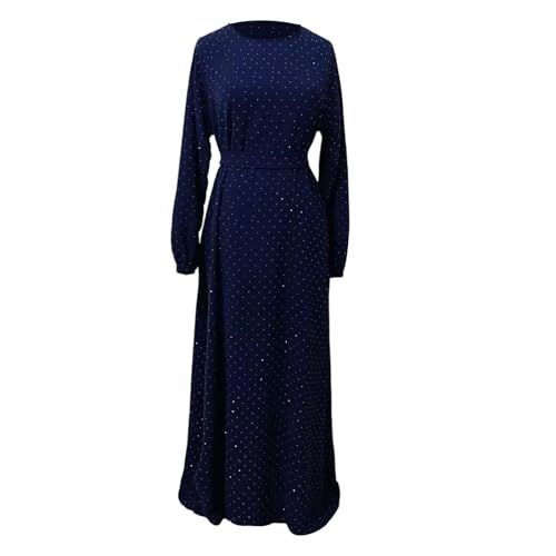 Muslim Dresses for Women Maxi Dress with Belt Long Sleeve Crew Neck Dress Long Casual Church Dress Prayer Clothes - color: Navy, size: Small