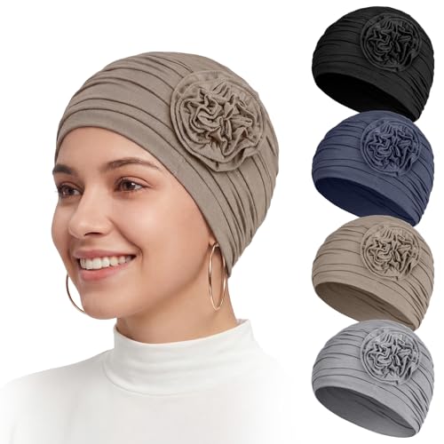 JenPen 4 Pcs Cotton Chemo Headwear for Women Turban Soft Cancer Head Scarf Hats Beanie Elastic Hair Wraps - color: Dark Gray, Brown, Black, Light Gray
