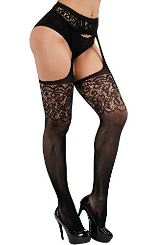 E-Laurels Womens High Waist Patterned Fishnet Tights Suspenders Pantyhose Thigh High Stockings Black - color: Black A1