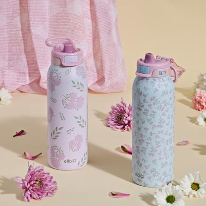 Ello Pop & Fill Insulated Stainless Steel Water Bottle with Quick Fill Lid, Leakproof Locking, Sip or Chug Spout, BPA-Free, Double Wall Vacuum Insulated for Sports, Travel & School- 22oz / 32oz / 40oz - color: Blossom Bliss, style: 22oz