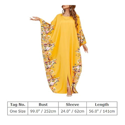 IDOPIP Abayas for Women Muslim Ramadan Dress Long Sleeve Floral Maxi Moroccan Kaftan Dress Loose Islamic Dubai Pakistani Robe - color: Yellow