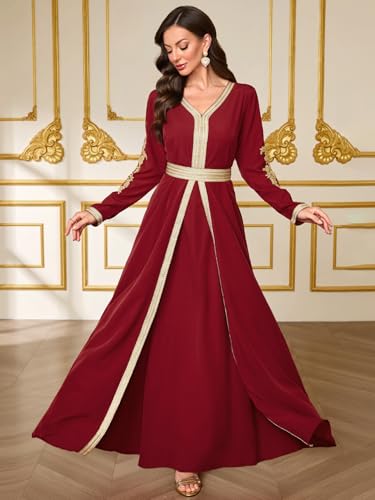 Elegant Muslim Dress Traditional Islamic Attire Maxi Robe Eid Prayer Gown - color: Red, size: Small