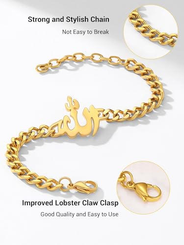 PROSTEEL Allah Bracelet, Muslim Islamic Jewelry Religious Islam Arabic God Charm Stainless Steel Beads Chain Bracelet, fits wrist from 5.9'' to 7.9'', Come with Box - color: 02 gold-cuban chain