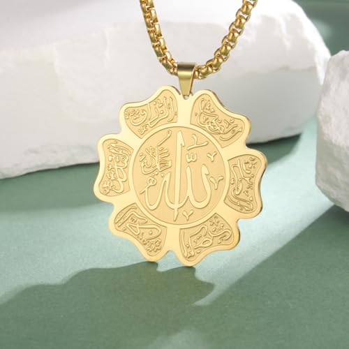 UNIFT Islamic Allah Necklace for Women Men Stainless Steel Muslim Allah Arabic Petal Shape Pendant Necklace Islam Religious Jewelry Eid Ramadan Gifts - color: gold