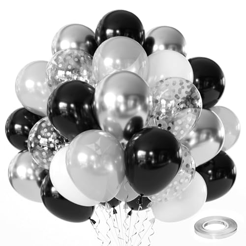 Zesliwy Black Silver White Balloons Set, 50pcs 12In, Latex, Party Decor - color: Black White Silver