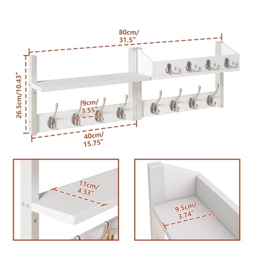 YMYNY 31.5" Coat Rack Wall Mount with Shelf, 4 in 1 Key and Coat Hanger with 12 Metal Hooks, Wall Shelf with Hooks & Mail Holder for Living Room, Bedroom, White, HWS007W-2 - color: White, size: 31.5" - 4-in-1