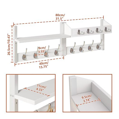 YMYNY 31.5" Coat Rack Wall Mount with Shelf, 4 in 1 Key and Coat Hanger with 12 Metal Hooks, Wall Shelf with Hooks & Mail Holder for Living Room, Bedroom, White, HWS007W-2 - color: White, size: 31.5" - 4-in-1