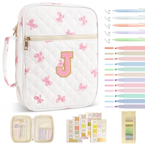 Personalized Initial Bible Cover Case for Women Girls Kid - Large Quilted Bible Case with Handle,Chenille Letter Bag Study Supplies,Christmas Gifts for Christians Birthday Graduation(Pink Bow-J) - color: Pink Bow, size: letter-J