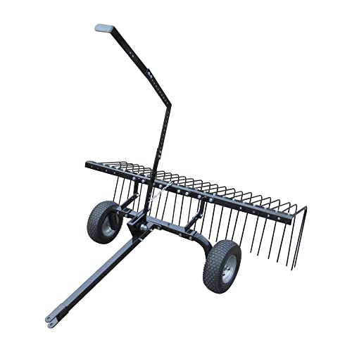 Yard Tuff Pine Straw Rake, Steel Lawn Sweeper with 24 Spring Tines, 60-Inch - Leaf Collector Attachment with Pin Hitch for ATV, UTV or Utility Tractor | Pin Hitch Fits ATV, UTV or Tractor, Adjustable Reel Arms, Lift Handle to Dump, 12 Inch Pneumatic Tires