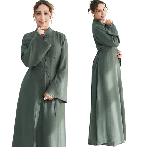 Lenmipot Elegant Middle Eastern Abaya 2pcs Stand Collar Maxi Dress for Women Muslim Jilbab Kaftan Eid Dubai Abaya Outfits - color: Grayish Greena, size: Medium
