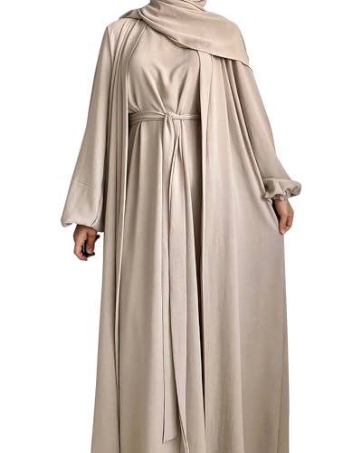 Women's Muslim Dress Two Pieces Set Islamic Prayer Abaya Modest Solid Color Muslim Outfits - color: Khaki Abaya, size: Small
