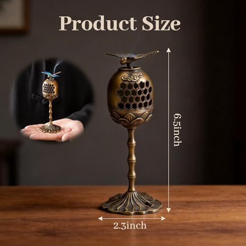 Incense Burner, Brass Alloy Incense Holder Hollow-Out Carving Bakhoor Burner with Meditation, Yoga, Home Office Decor for Spiritual Gifts (6.5 Inch Tall)
