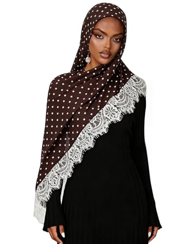 JUMISEE Elegant Floral Lace Hijab Scarf for Women Soft Cotton Head Wrap Instant Hijab Long Scarves Evening Dress Shawl - color: Coffee Polka Dot