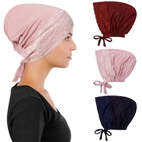 3 Pcs Women Inner Hijab Undercap for Muslim Islamic, Lace Cotton Under Hijab Cap Beanie Underscarf Hat Turban - color: Navy, Pink, Wine Red