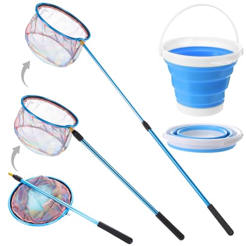 Telescopic Fishing Net with Bucket, Telescopic Fishing Landing Net, Lightweight Aluminum Pole Non Slip Handle for Catching Frogs Butterfly Fish Crab for Beach Stream Outdoor - color: Blue
