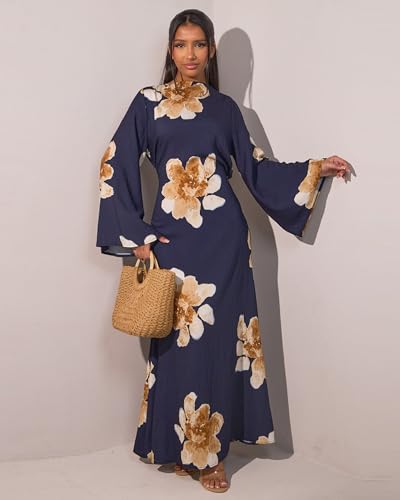 Women Butterfly Abaya Elegant Prayer Dress with Bell Sleeve, Waist Tie, Stylish Floral Printed Maxi Robe - color: Navy, size: Medium