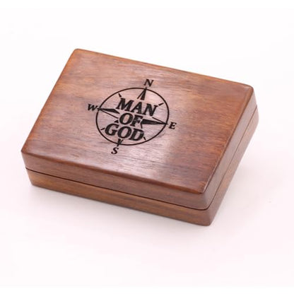 Man of God Compass – Psalm 18:32 Scripture Engraved – Solid Brass Pocket Compass with Engraved Wooden Box– Christian Gift for Men, Son, Husband, Graduation, Travel Keepsake