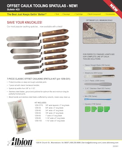 Albion Engineering Classic Offset Caulk Tooling Spatula, Stainless Steel,3/4” Wide Tapered Tip x 4” Long Blade, 1258-4S - size: 3/4" Wide Tapered Tip x 4" Long Blade, style: Single