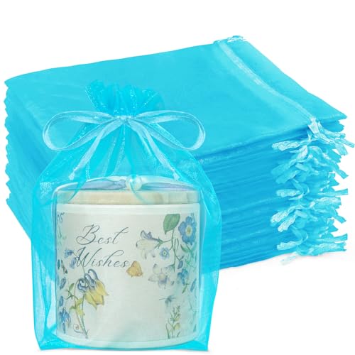 Crweety 100Pcs Large Lake Blue Organza Bags 6x9, Small Mesh Gift Bags - color: Lake Blue