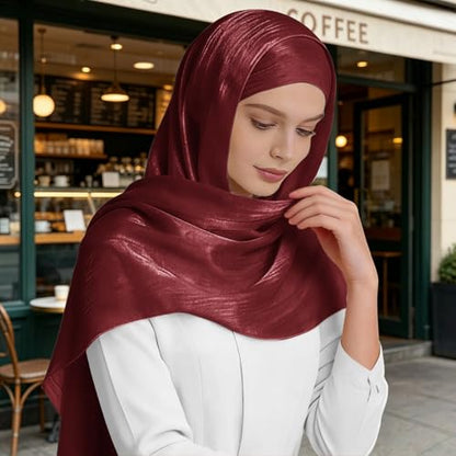Premium Hijab Head Scarf for Women Lightweight Shimmer Hijab Head Wrap Scarves Crepe Satin Scarf Shawl Wrap - color: Wine Red