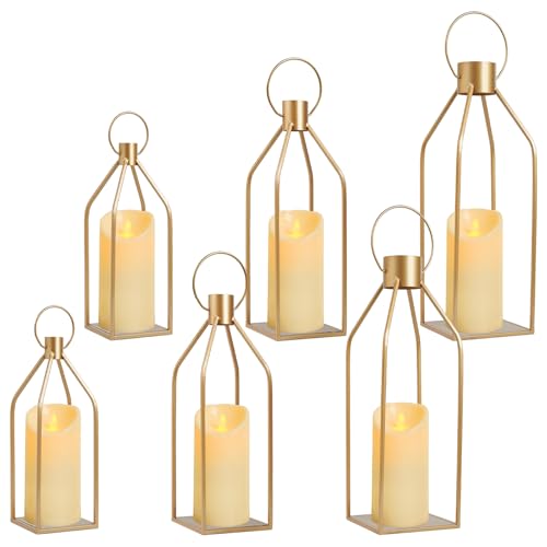 Elegant Gold Decorative Lanterns Set of 6-19/16/13 Inch Metal Indoor Lanterns Decorative with Flickering LED Candles, Front Entrance Decor for Home Wedding Christmas (AAA Batteries not Included) - color: Gold, size: Set of 6 ( 19" 16" 13" )