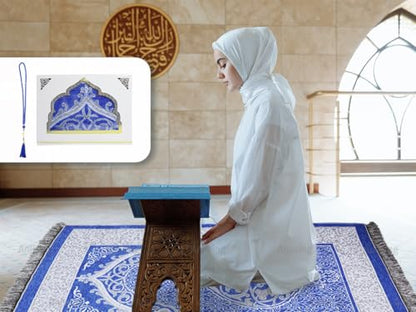 Anlising Muslim Prayer Rug and Beads with Elegant Box, Islamic Prayer Mat, Muslim Prayer Rug, Ramadan Prayer Blanket, for Muslim, Islamic, Ramadan, Eid al Fitr, Prayer (Blue,70x110CM)